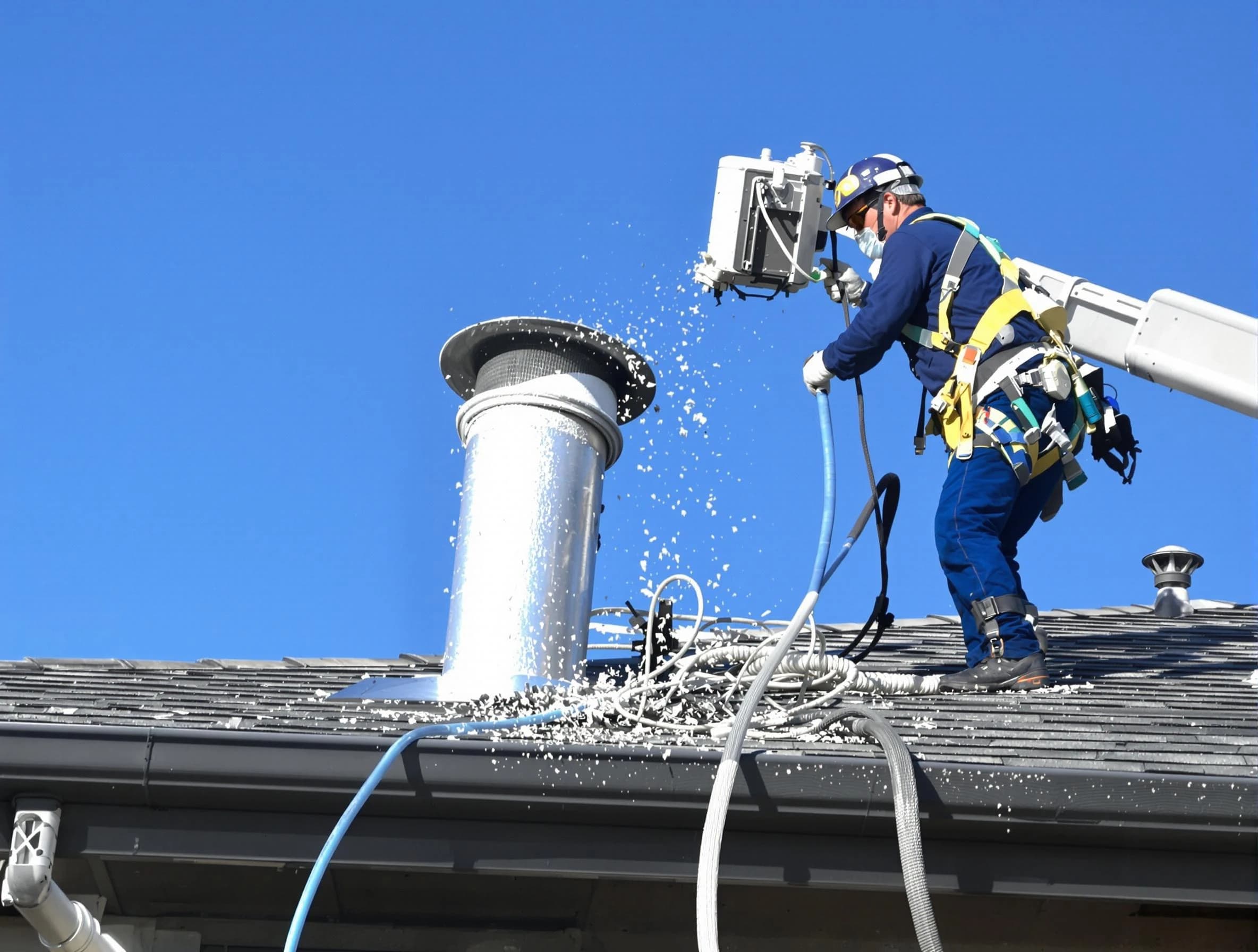 Helena Dryer Vent Cleaning certified technician safely cleaning a roof-mounted dryer vent in Helena