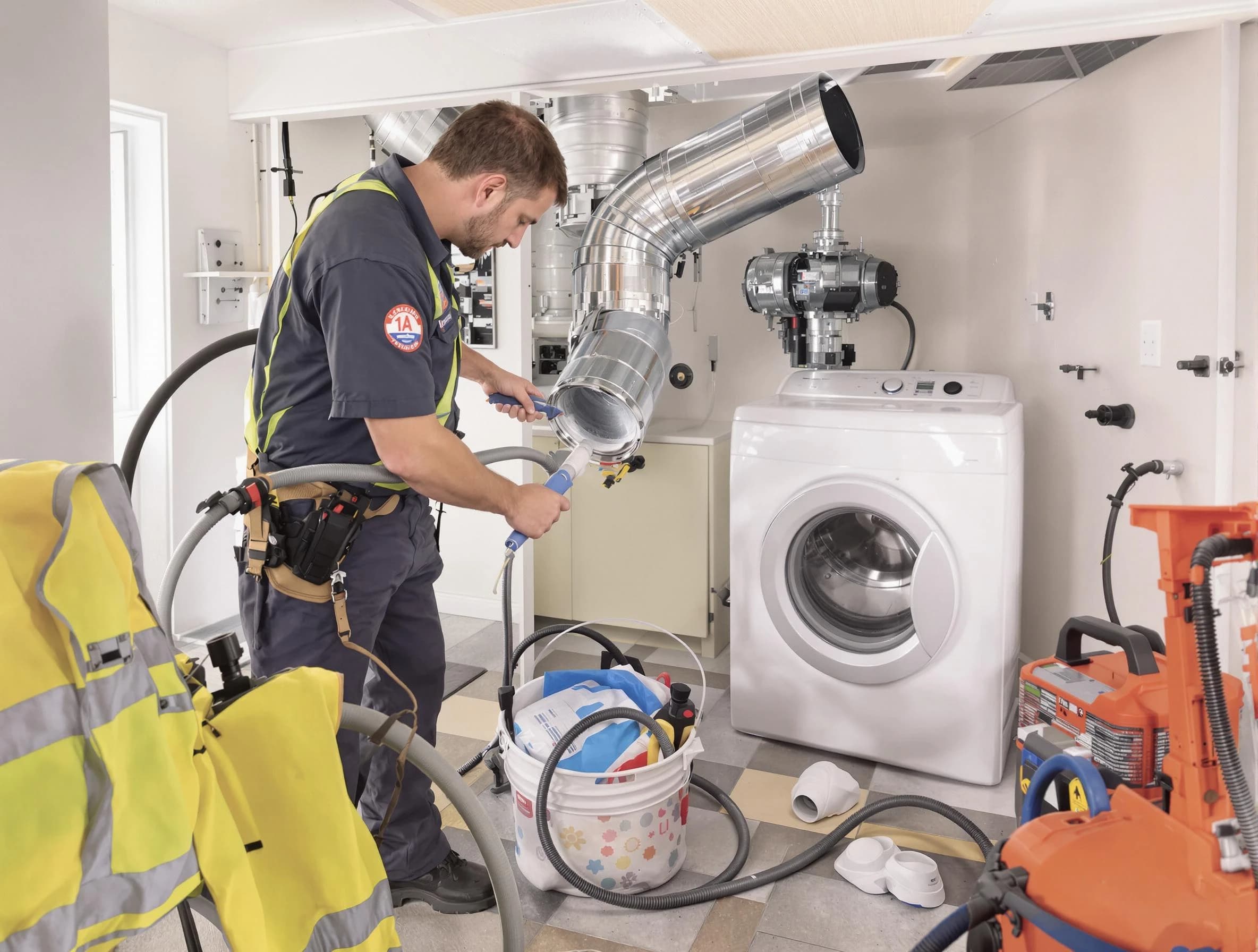 Helena Dryer Vent Cleaning technician using specialized equipment to clear severe dryer vent blockage in Helena