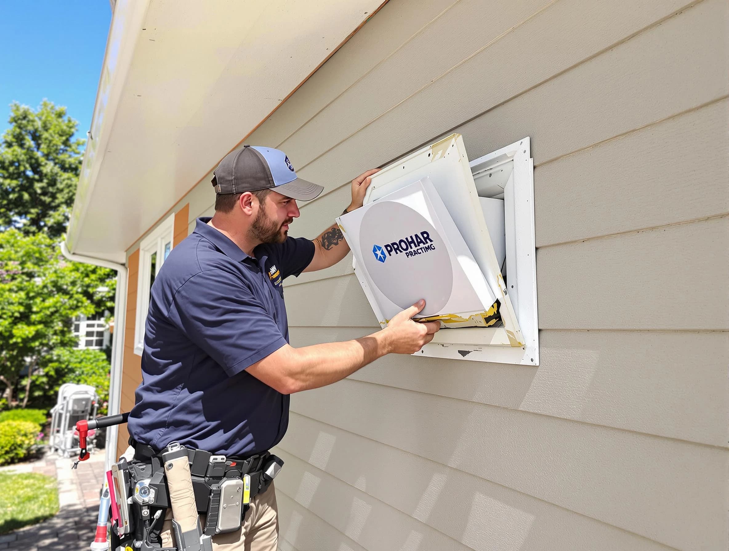 Helena Dryer Vent Cleaning technician installing a new protective dryer vent cover on a home in Helena